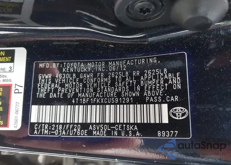 2012 Toyota Camry Se z USA, uszkodzony, nr VIN 4T1BF1FKXCU591291